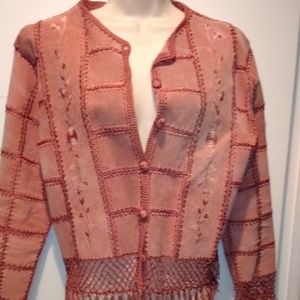 Leather Patchwork Lattice Crochet Fringe Jacket M
